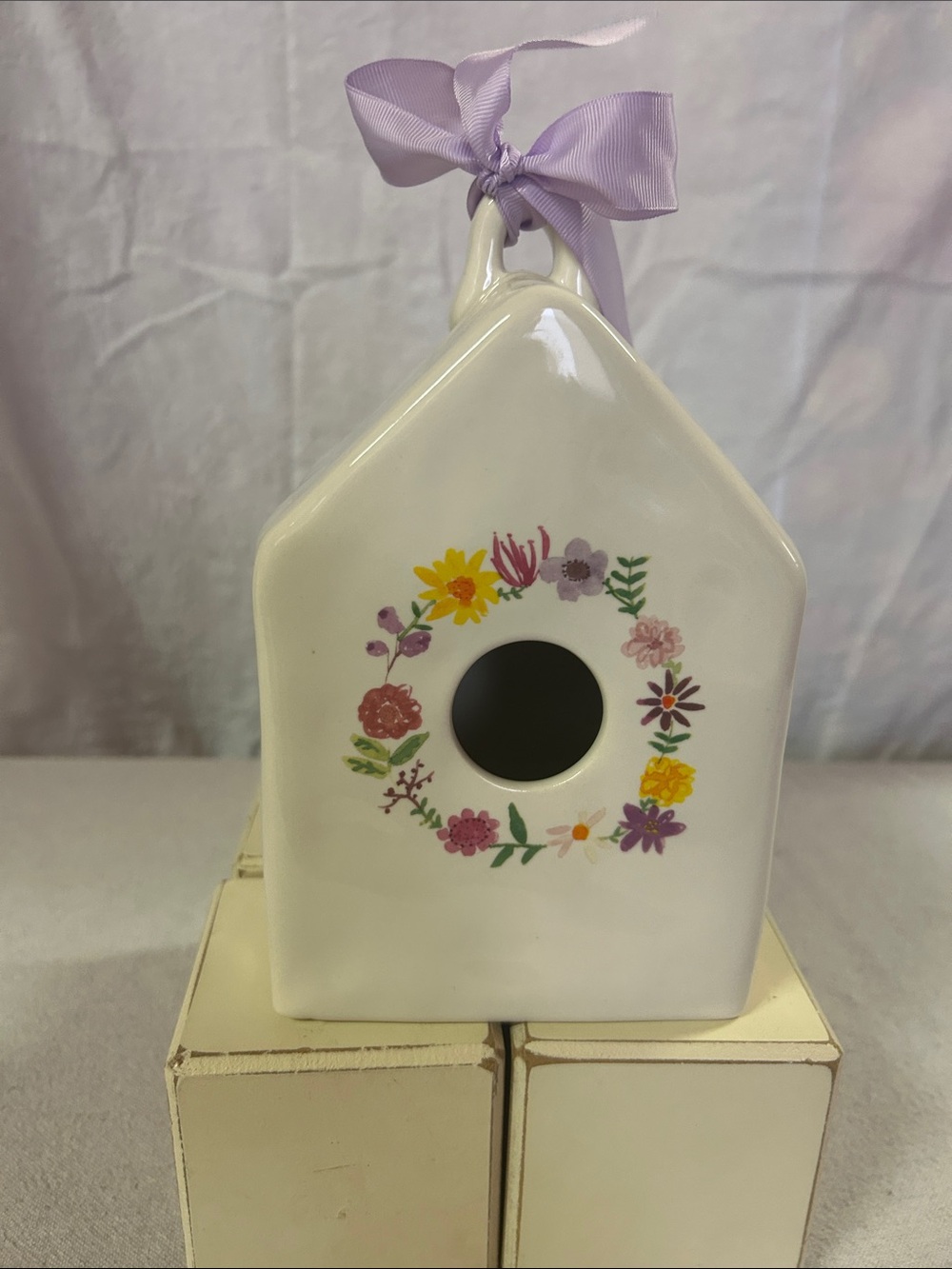 Rae Dunn White Ceramic Birdhouse with Floral Wreath and Lavender Bow
